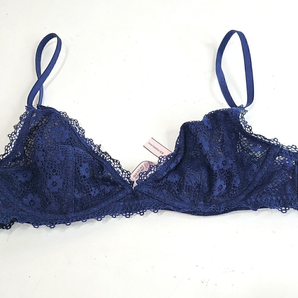 Victoria's Secret Unlined Lace Crochet Hot Navy Underwired Bra Lingerie Bralette
